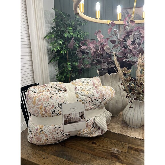 3pc Full/Queen Reversible Floral and Stripe Comforter Set Pink/Green - NEW - Picture 7 of 7